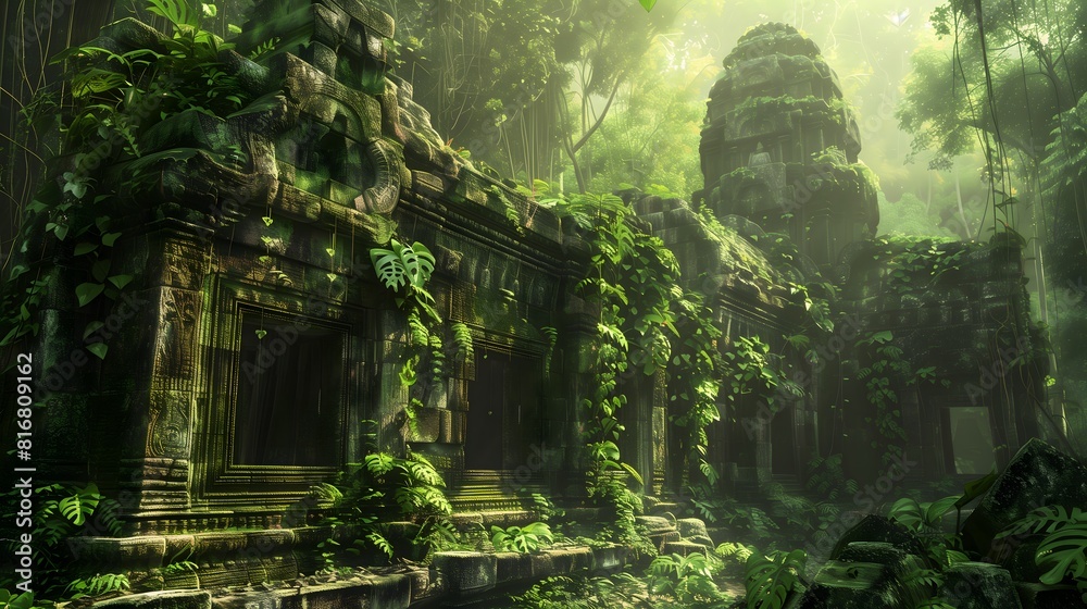 An ancient ruin in a dense jungle with vines and hidden treasures