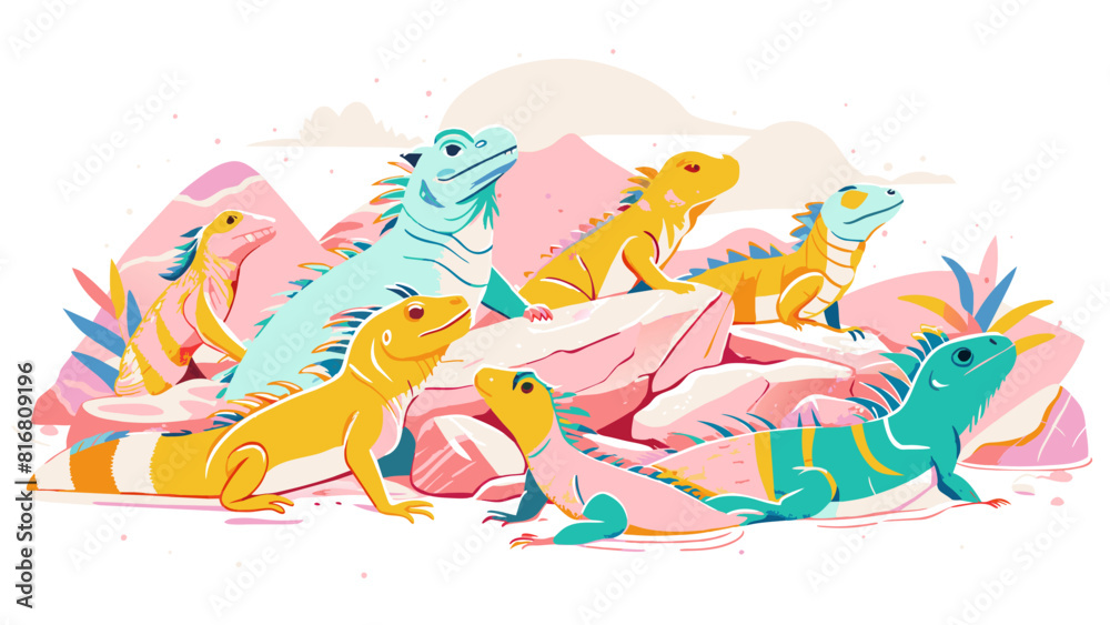 Obraz premium Vibrant Lizards Gathering Amongst Pink Rocks Illustration. Vector illustration