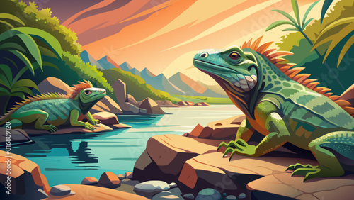 Tropical Iguanas by the Riverside at Sunset. Vector illustration