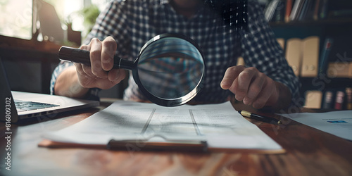 A man holding magnify glass above old book on table 