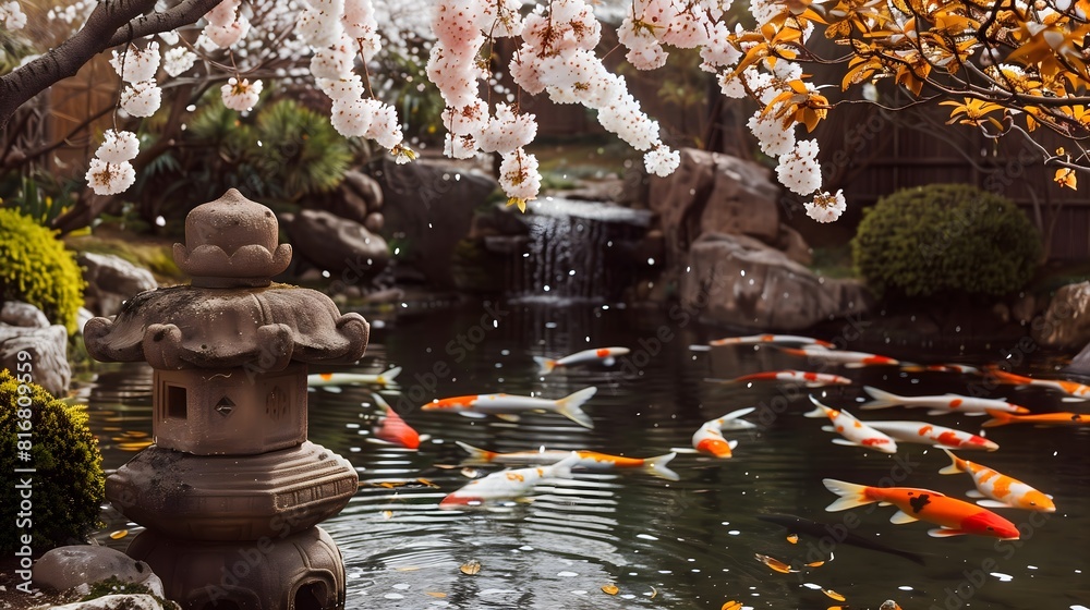 Fototapeta premium A peaceful Japanese garden with cherry blossoms in full bloom and a koi pond