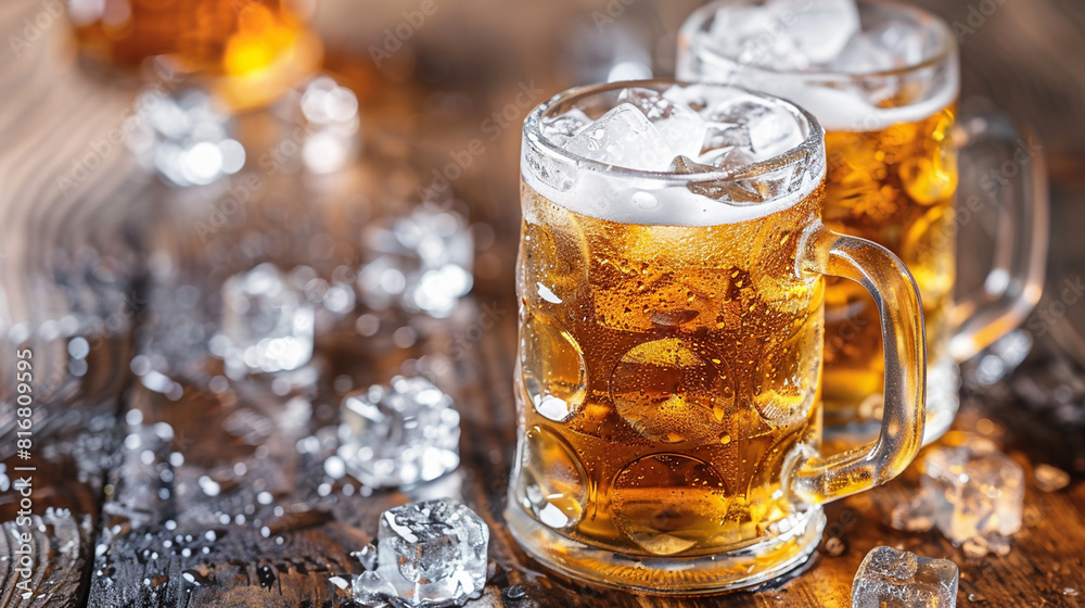 isolated golden yellow color transparent glass alcohol mug with handle, full of beer and foam on a wooden restaurant table isolated golden yellow color transparent glass alcohol mug with handle, full of beer and foam on a wooden restaurant table