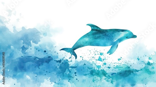 A dolphin is swimming in the ocean with splashes of blue and white paint