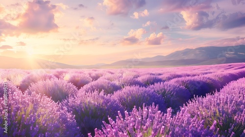 A peaceful lavender field in full bloom under a clear summer sky