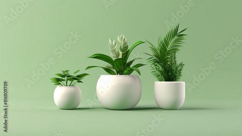 Small potted plants flat design side view tiny greenery theme 3D render Monochromatic Color Scheme