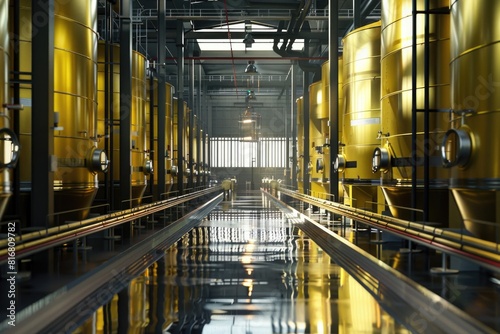 Yellow tanks in a large room, suitable for industrial concepts