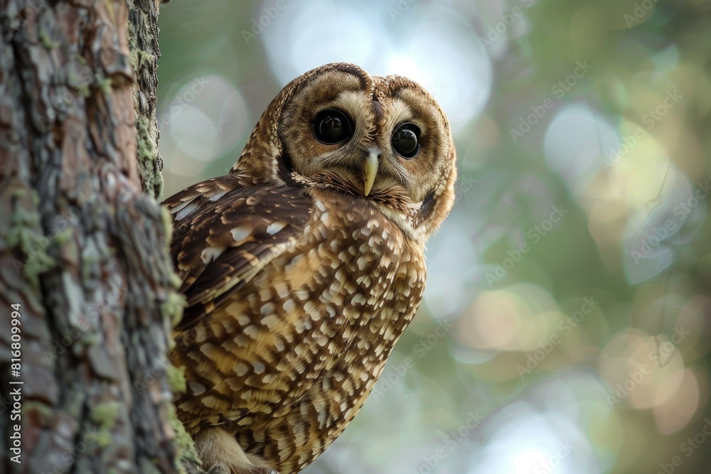 A brown and white owl sitting on top of a tree branch. Ideal for nature and wildlife concepts A brown and white owl sitting on top of a tree branch. Ideal for nature and wildlife concepts