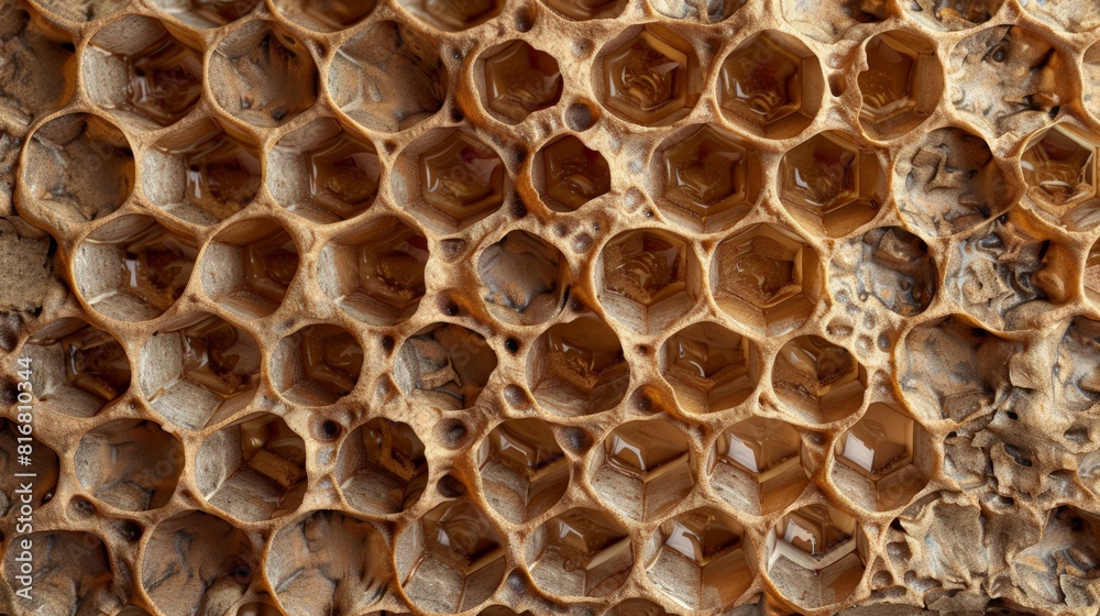 The image is of a weathered honeycomb with many holes in it The image is of a weathered honeycomb with many holes in it
