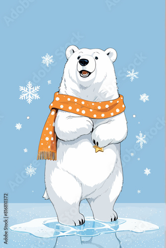 a polar bear wearing a scarf and standing on an ice floet