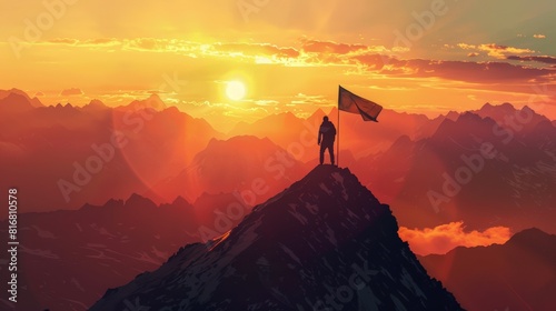 A hand planting a flag on a mountain peak  silhouetted against a breathtaking sunset