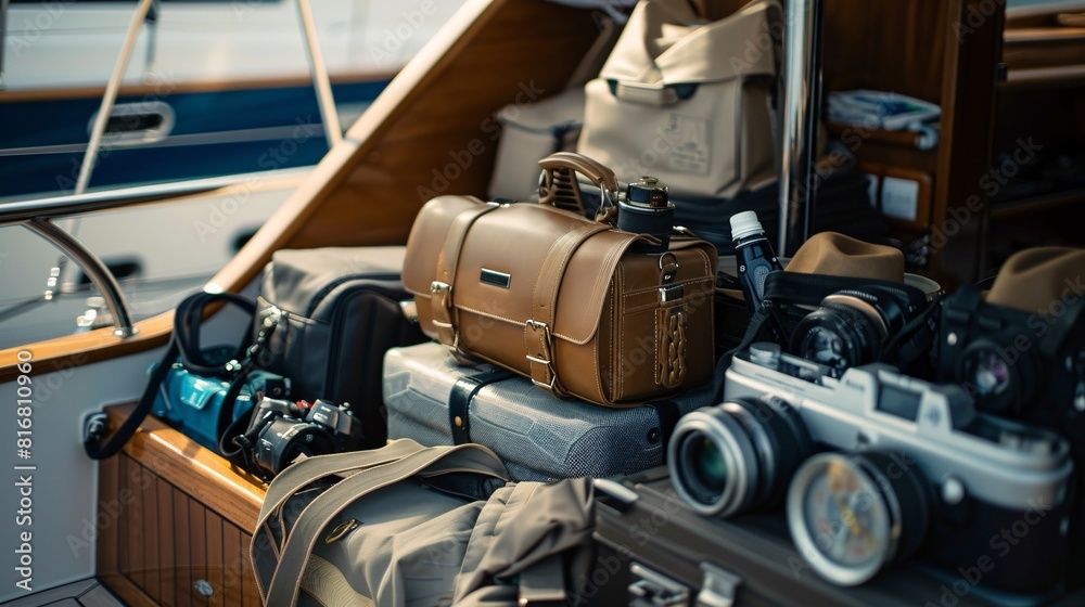 A boat heavily loaded with luggage on its deck, ready for a journey on the water A boat heavily loaded with luggage on its deck, ready for a journey on the water