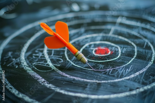 A conceptual image of an arrow hitting the center of a target on a blackboard, representing achieving a goal, isolated on white