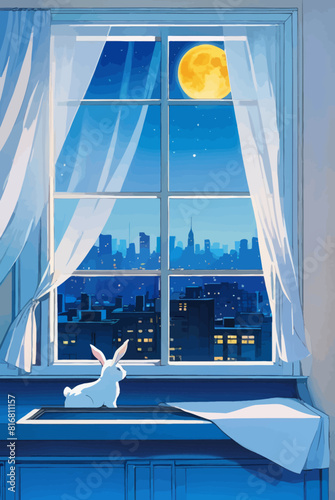 a rabbit sitting on a window sill looking out at the city photo