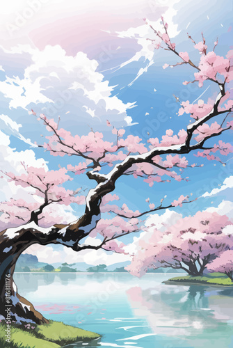 a painting of a cherry blossom tree next to a lake