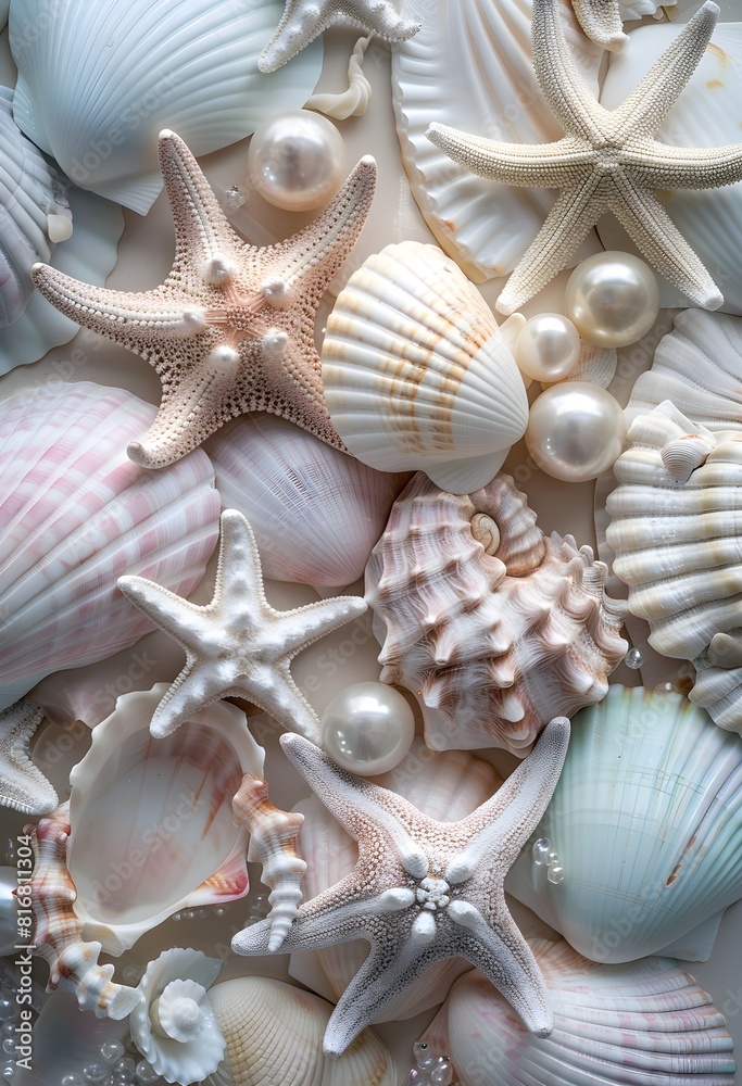 background of seashells and starfish, sand, colorful pastel, soft lighting and a dreamy atmosphere, pink, blue, yellow, white. screensaver for mobile and computer screens