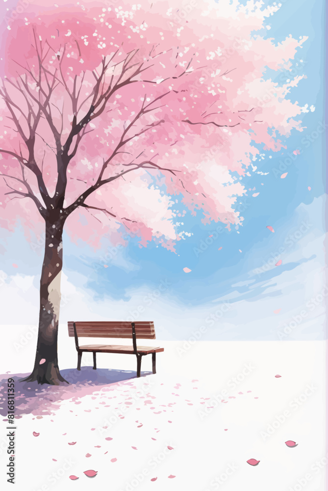 a painting of a bench under a pink tree a painting of a bench under a pink tree