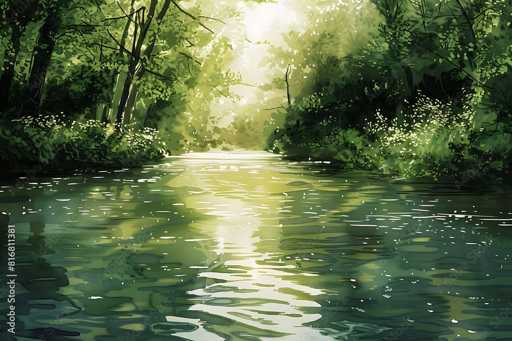 Fototapeta premium Serene Forest Stream, Watercolor Art