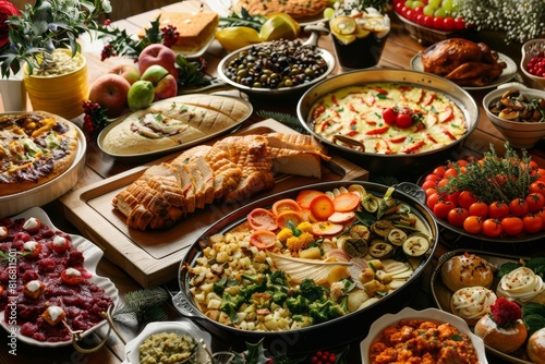 mouthwatering abundance of delicious dishes served on dining table festive food still life culinary photography