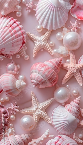 background of seashells and starfish, sand, colorful pastel, soft lighting and a dreamy atmosphere, pink, blue, yellow, white. screensaver for mobile and computer screens