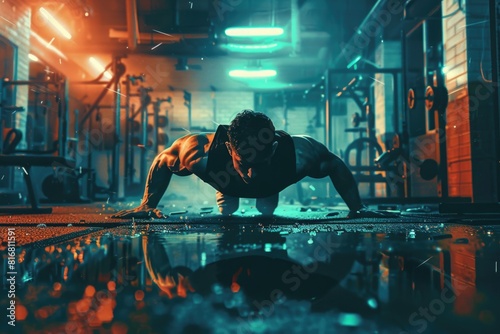 A man performing push ups in a gym. Suitable for fitness and workout concepts