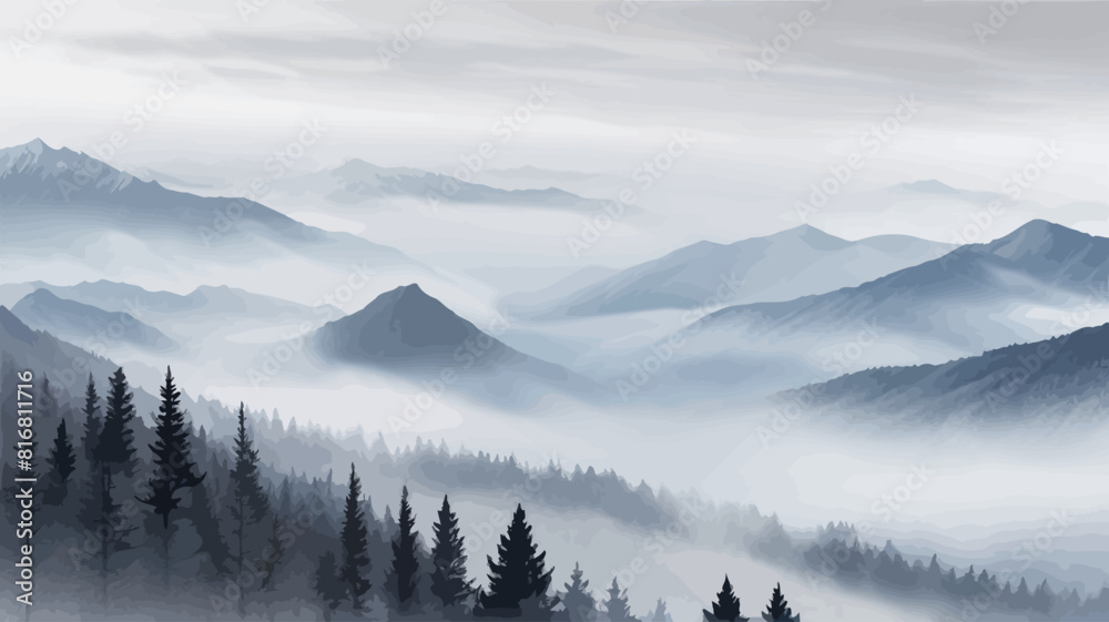 a foggy mountain landscape with pine trees in the foreground