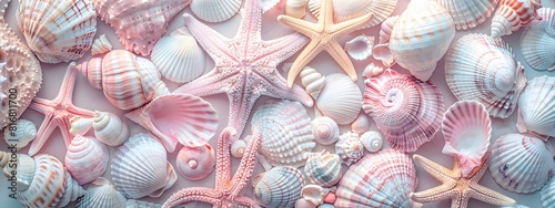 background of seashells and starfish  sand  colorful pastel  soft lighting and a dreamy atmosphere  pink  blue  yellow  white. screensaver for mobile and computer screens