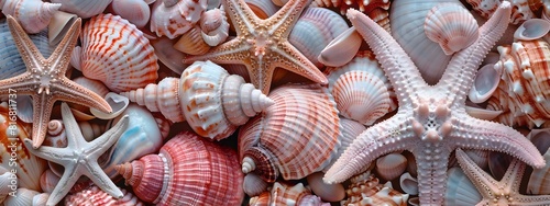 background of seashells and starfish  sand  colorful pastel  soft lighting and a dreamy atmosphere  pink  blue  yellow  white. screensaver for mobile and computer screens
