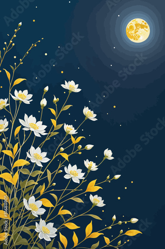 a painting of flowers and a full moon