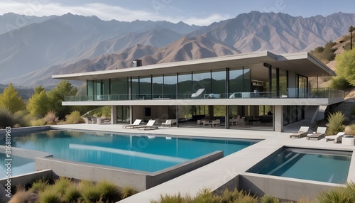 A modern  two-story glass and concrete house with a large swimming pool in the foreground  surrounded by a mountainous landscape