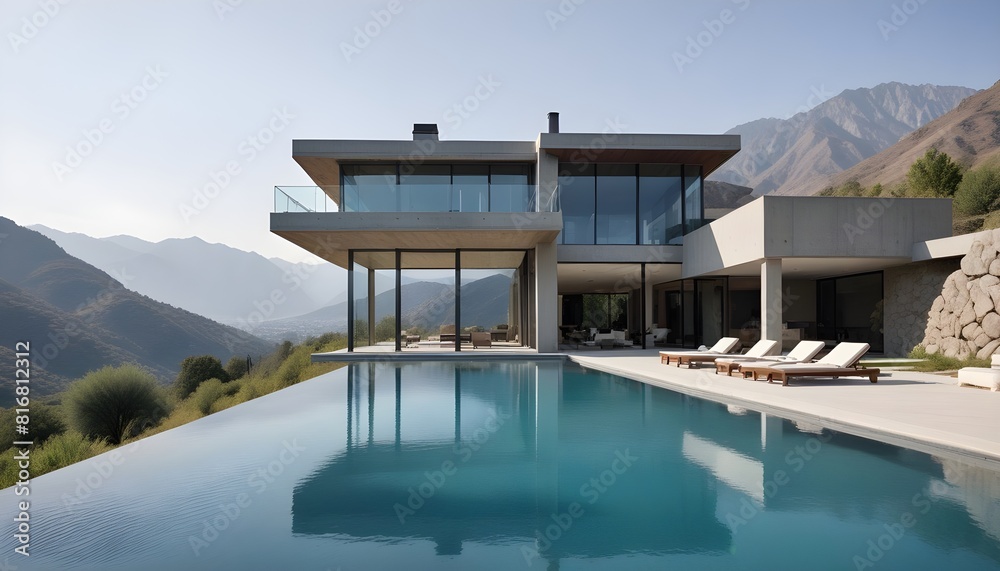 Fototapeta premium A modern, two-story glass and concrete house with a large swimming pool in the foreground, surrounded by a mountainous landscape