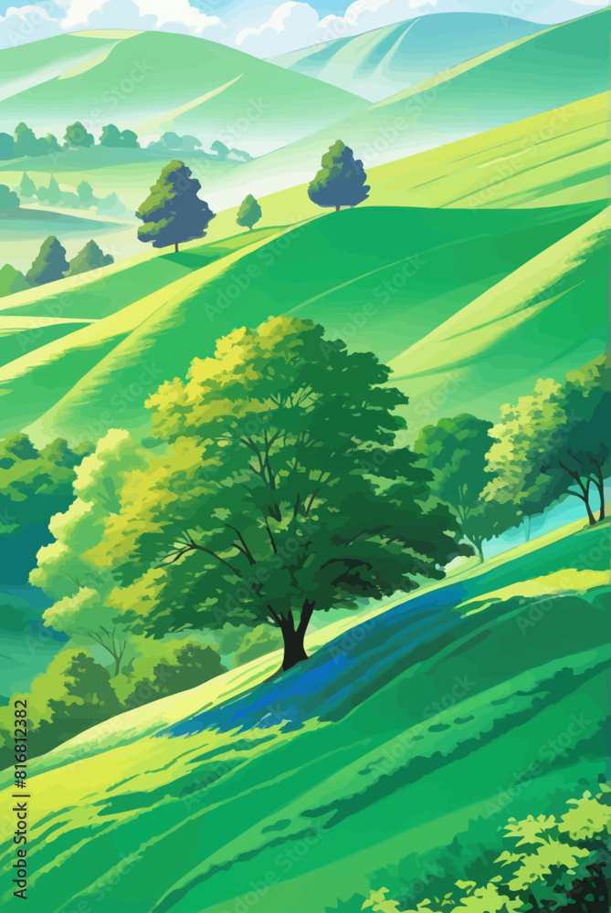 a painting of green hills and trees