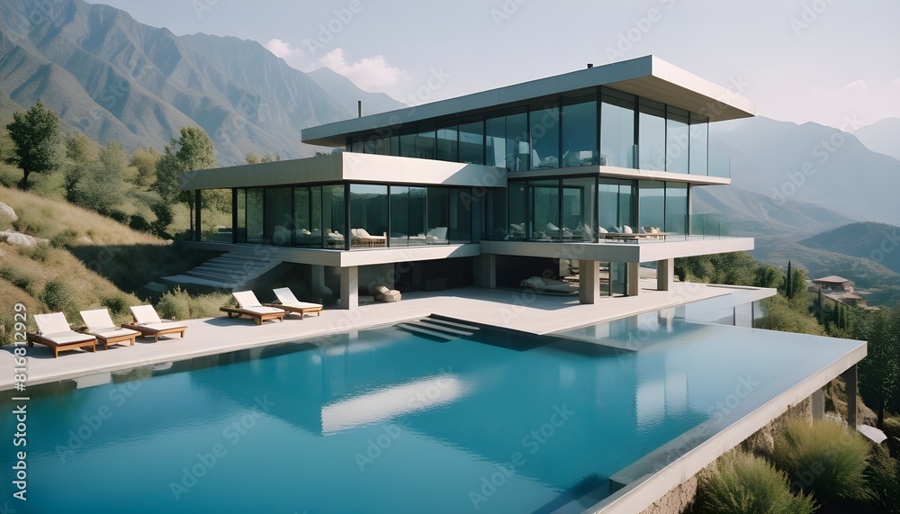 Fototapeta premium A modern, two-story glass and concrete house with a large swimming pool in the foreground, surrounded by a mountainous landscape