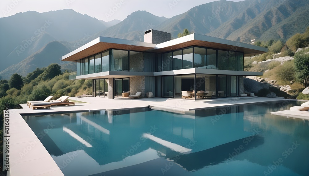 Fototapeta premium A modern, two-story glass and concrete house with a large swimming pool in the foreground, surrounded by a mountainous landscape