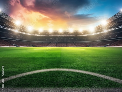 A vibrant soccer stadium under dramatic sunset skies, with bright floodlights illuminating the lush green field. The scene captures the anticipation and excitement of an upcoming match.