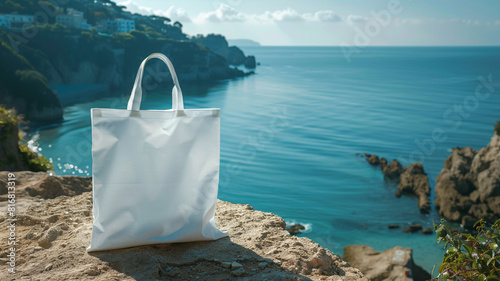 A mock up of an blank white tote bag on the  sea  background