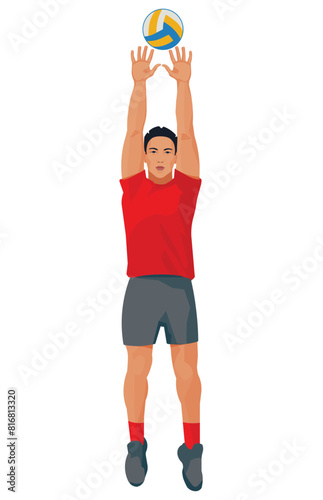 Thai volleyball player from the back who jumps straight with his arms raised high to catch or block the ball