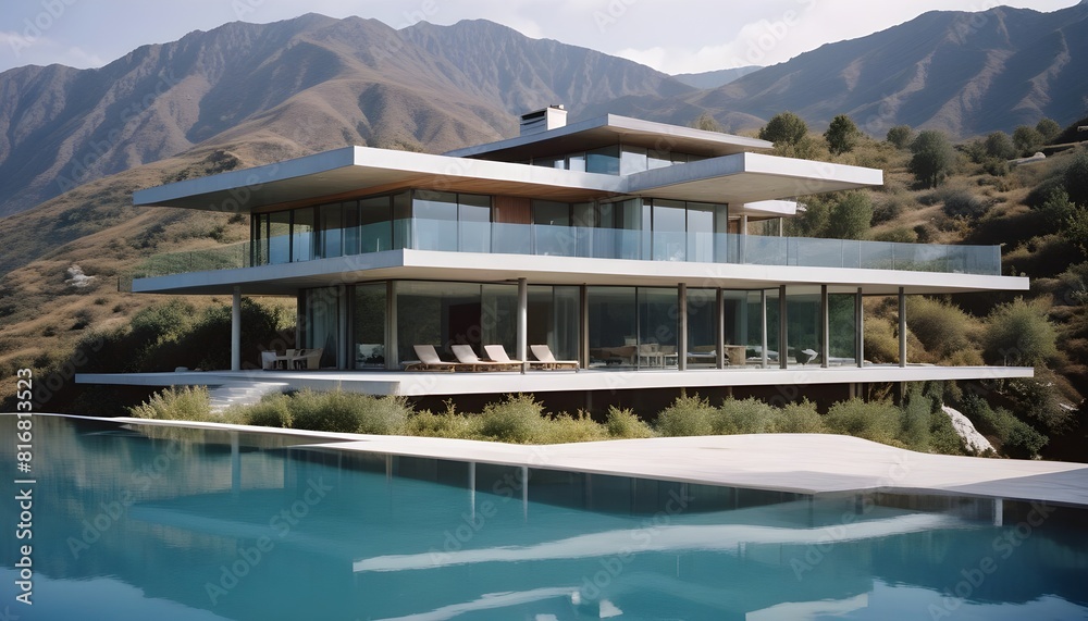 Fototapeta premium A modern, two-story glass and concrete house with a large swimming pool in the foreground, surrounded by a mountainous landscape