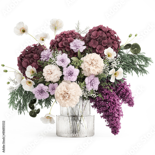 Bouquet of hydrangea lilac poppy peony in a vase isolated on white background