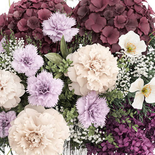 Bouquet of hydrangea lilac poppy peony in a vase isolated on white background