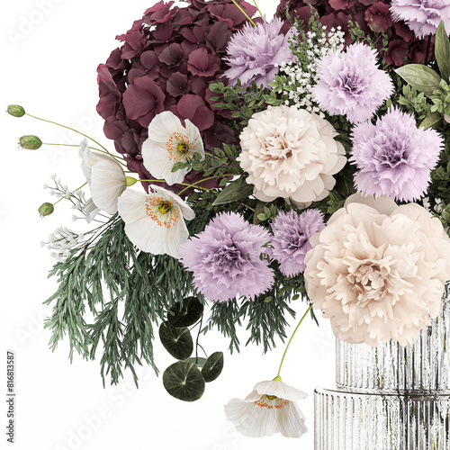 Bouquet of hydrangea lilac poppy peony in a vase isolated on white background