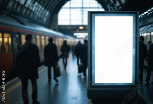 Advertising billboard mock up on railway station, blank advertising poster, public information board at railway station