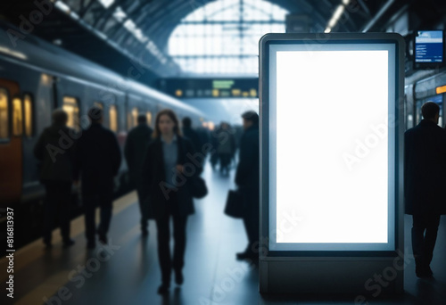 Advertising billboard mock up on railway station, blank advertising poster, public information board at railway station