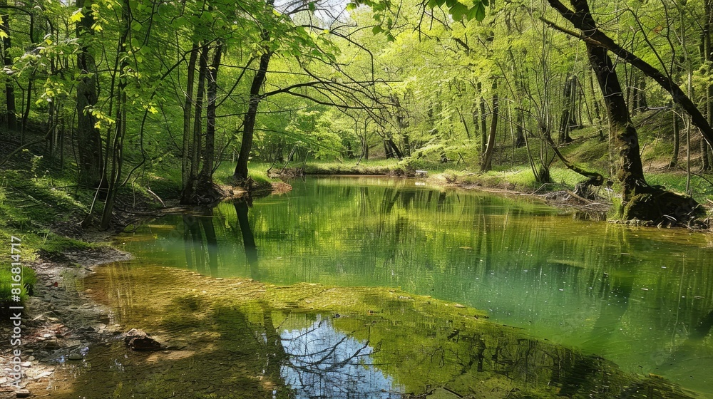 A picturesque unspoiled forest brimming with fresh spring water A picturesque unspoiled forest brimming with fresh spring water