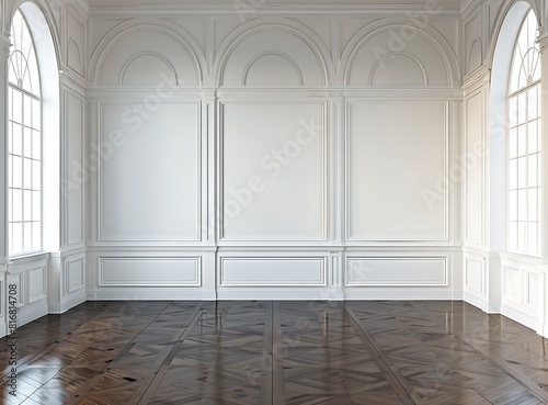 Finish the wall in a large empty room with a dark wood floor in a stock photo