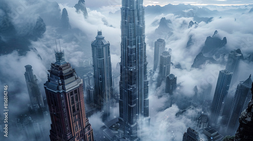 Futuristic Cityscape A Vision of Progress with Soaring Skyscrapers Amidst Majestic Mountains and Clouds Wallpaper Digital Art Poster Brainstorming Map Magazine Background Cover