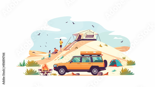 Tourists camping in sand desert. Campers on picnic 