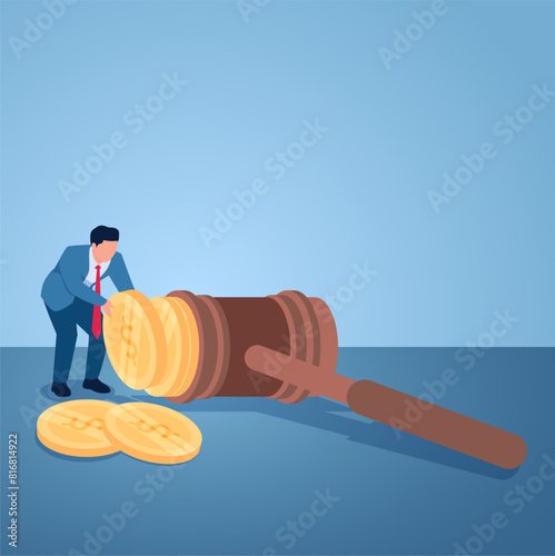 A man arranges coins near a legal gavel, illustration for legal bribery.