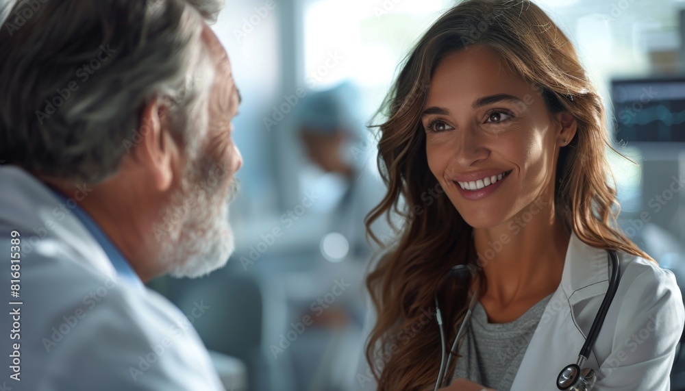 Doctor smiling and talking to a patient in a modern hospital setting. Health, care, trust Doctor smiling and talking to a patient in a modern hospital setting. Health, care, trust