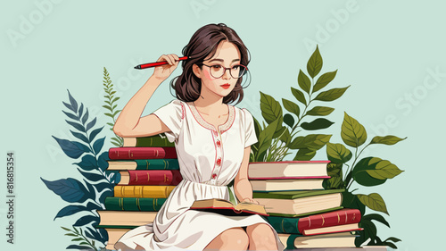 a woman sitting on top of a pile of books