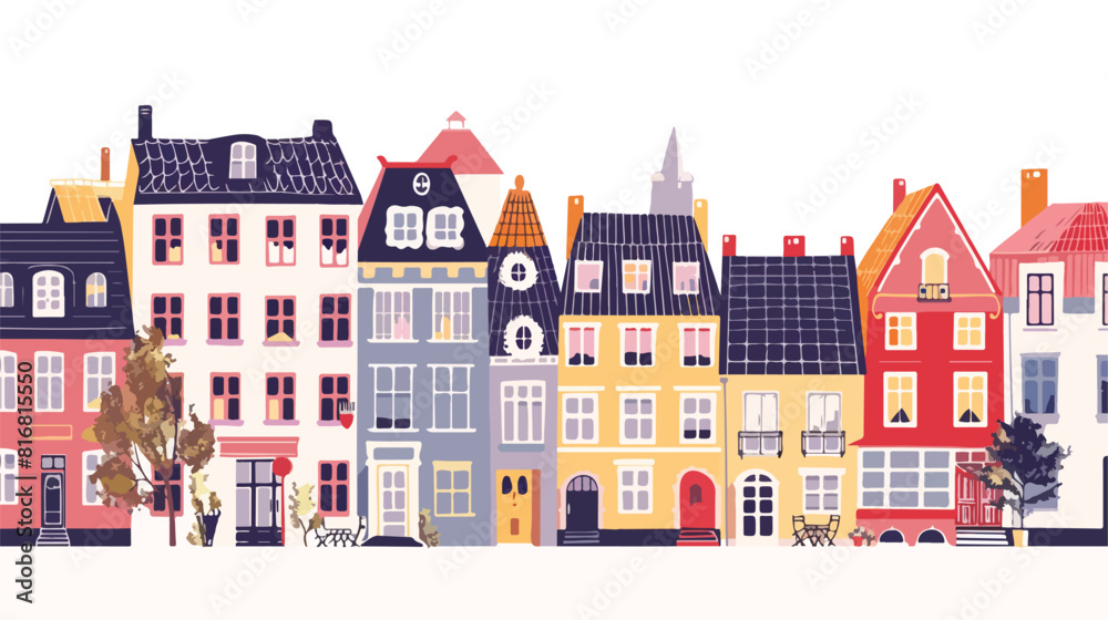 Town with cute houses buildings exterior. Cozy city 